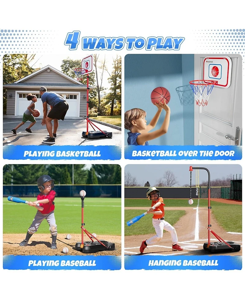 HopeRock 2 in 1 Kids Basketball Hoop and T Ball Set, Adjustable Basket Ball Stand,Hanging Tee Baseball