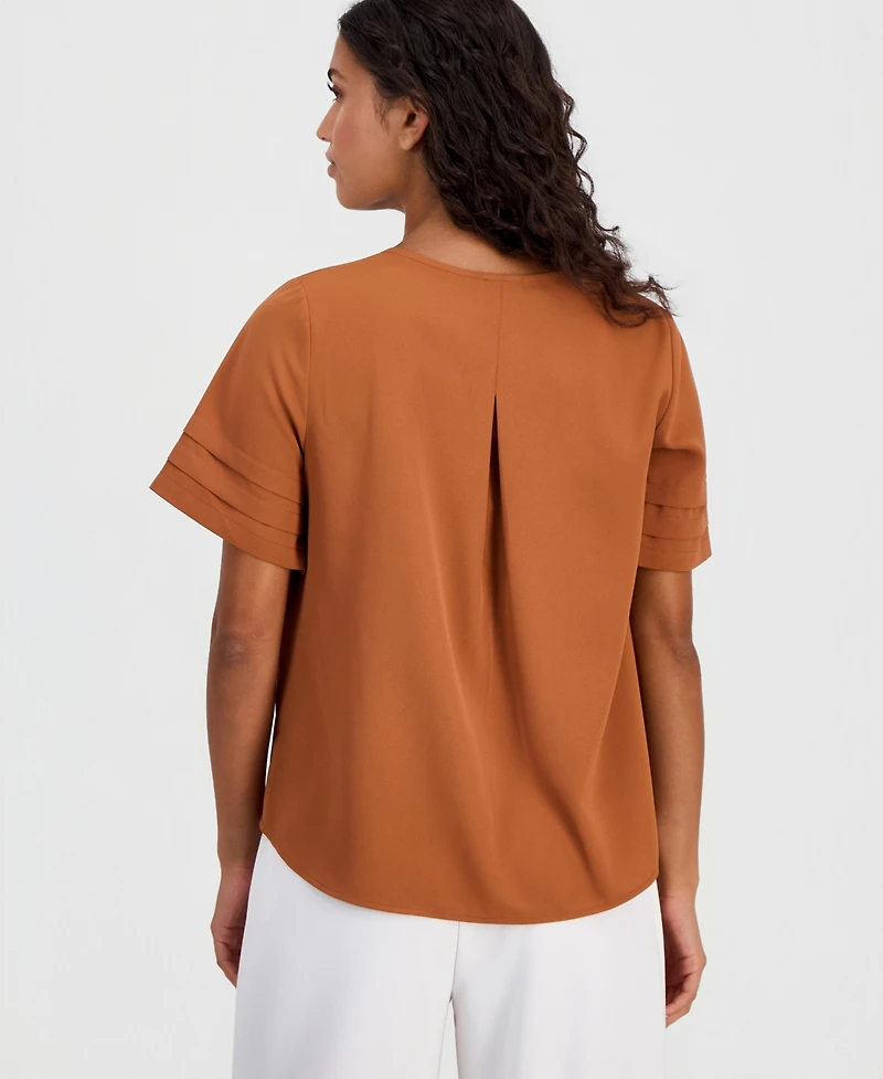 Anne Klein Essentials Petite Pleated-Sleeve Split-Neck Top