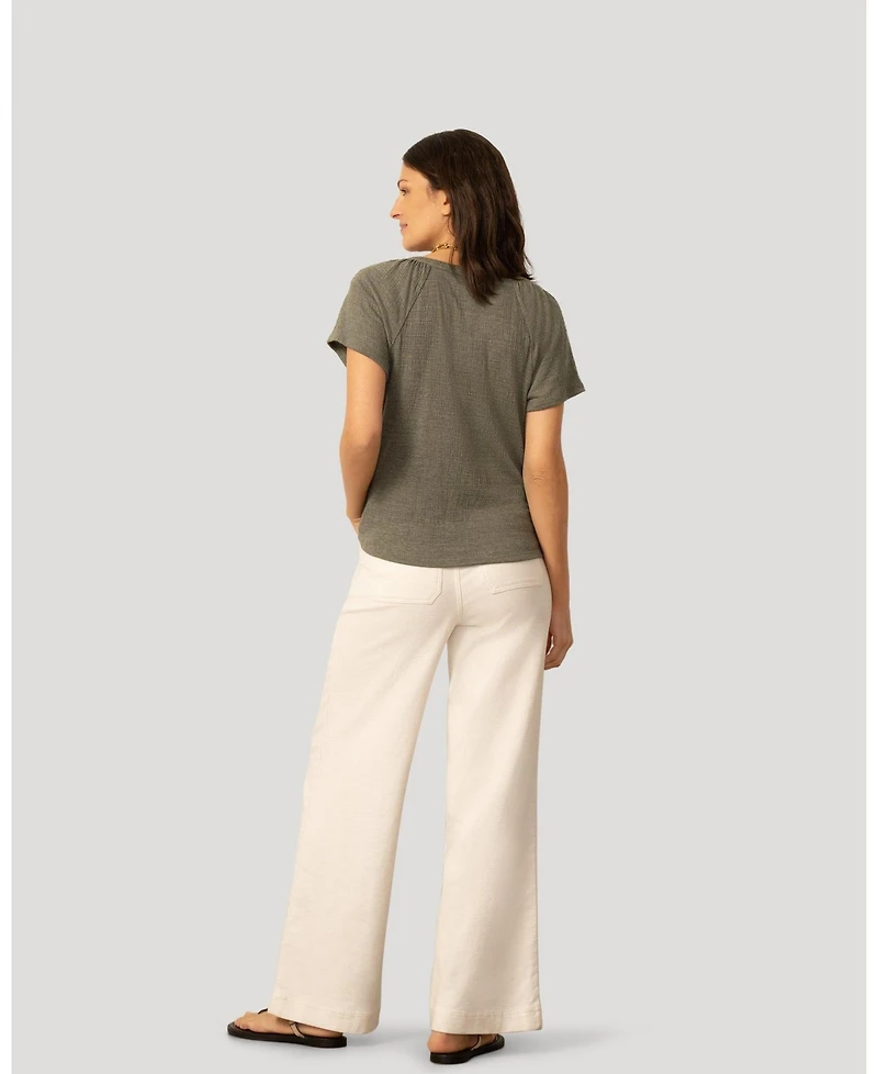 Cable & Gauge Women's Embroidered Split Neck Tie Top