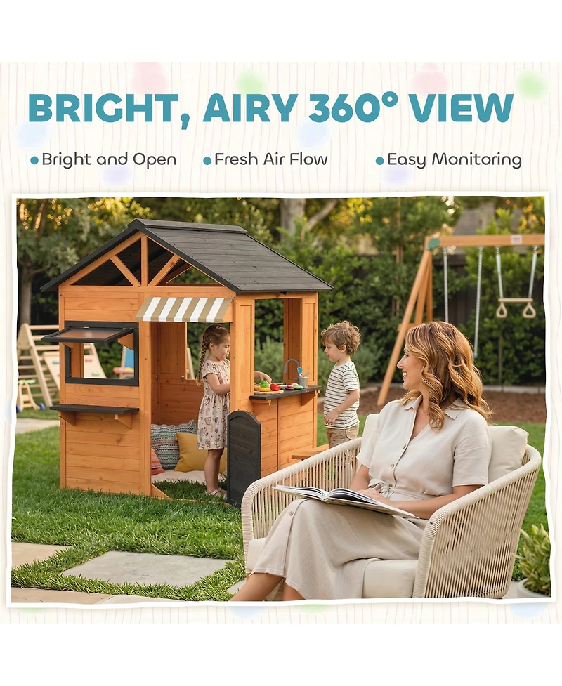 Qaba Outdoor Playhouse, Wooden Kids Playhouse with Play Kitchen and Bench