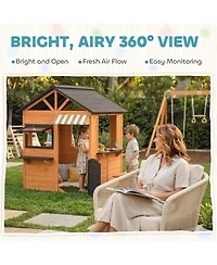 Qaba Outdoor Playhouse, Wooden Kids Playhouse with Play Kitchen and Bench