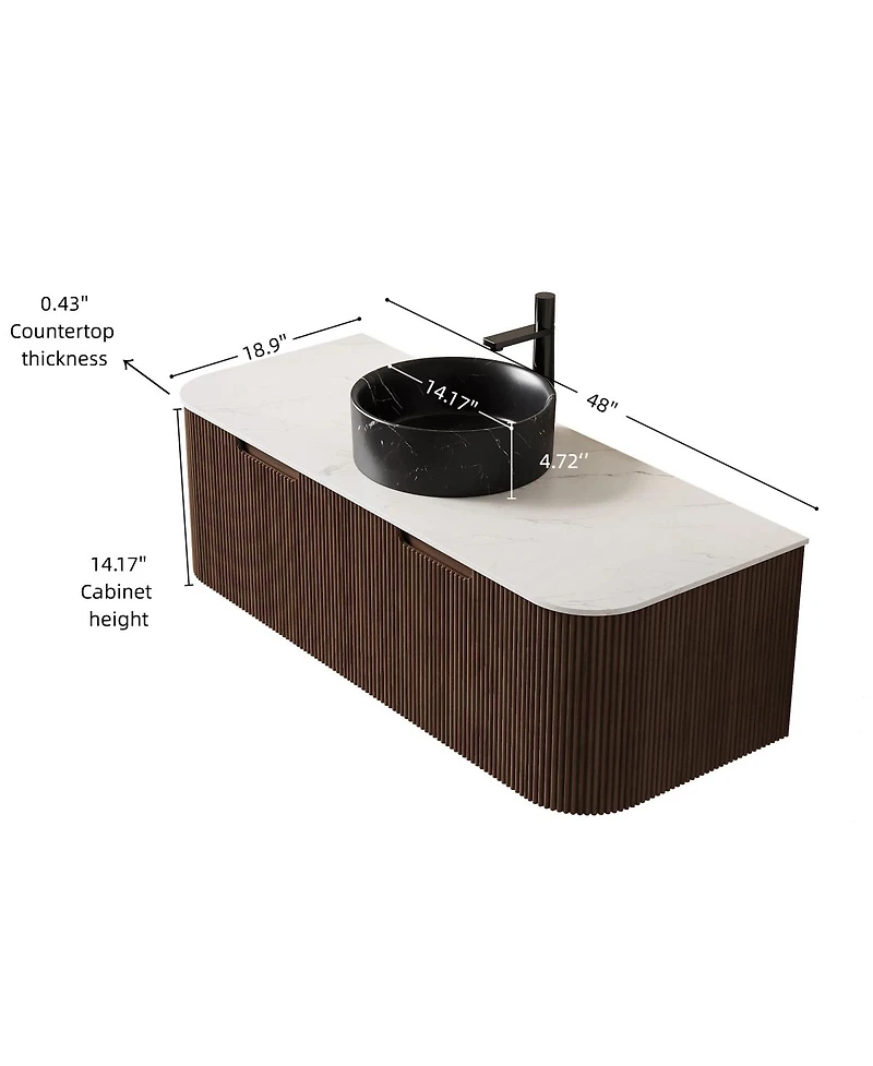 Sillysis Wall Mounted Bathroom Vanity, Ceramic Vessel Sink, Carrara Sintered Stone Top, Soft Close Drawer, Pre-assembled