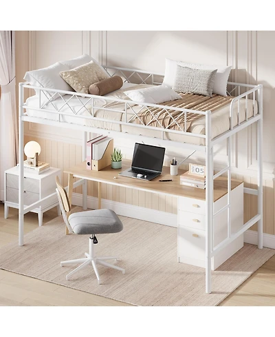 Homfan Metal Loft Bed Frame with Guardrail, Flat Ladder Rungs and Underbed Space, Box Spring Not Required