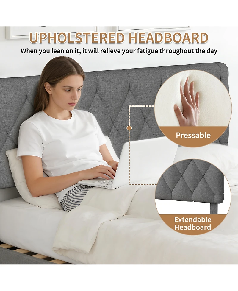 Homfan Upholstered Bed Frame with 2 Storage Drawers and Wood Slats
