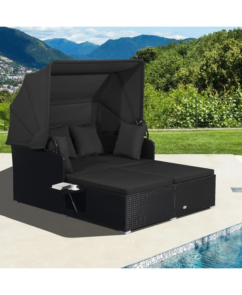 Gouun Outdoor Pe Wicker Patio Daybed with Retractable Canopy, Cushions and 2 Fold-Out Side Tables