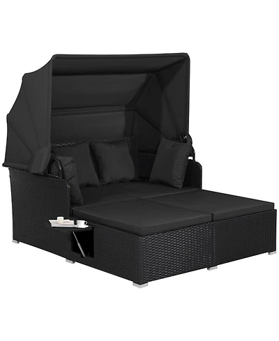 Gouun Outdoor Pe Wicker Patio Daybed with Retractable Canopy, Cushions and 2 Fold-Out Side Tables