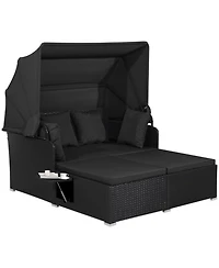 Gouun Outdoor Pe Wicker Patio Daybed with Retractable Canopy, Cushions and 2 Fold-Out Side Tables
