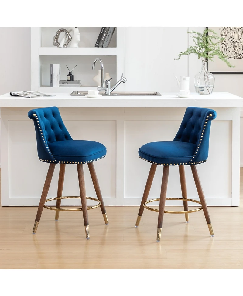 Rainsken Bar Stools Set of 2, Counter Height Chairs with Nailhead Trim, Button-Tufted, Bentwood Legs and Pull Ring for Kitchen Island, Home Pub