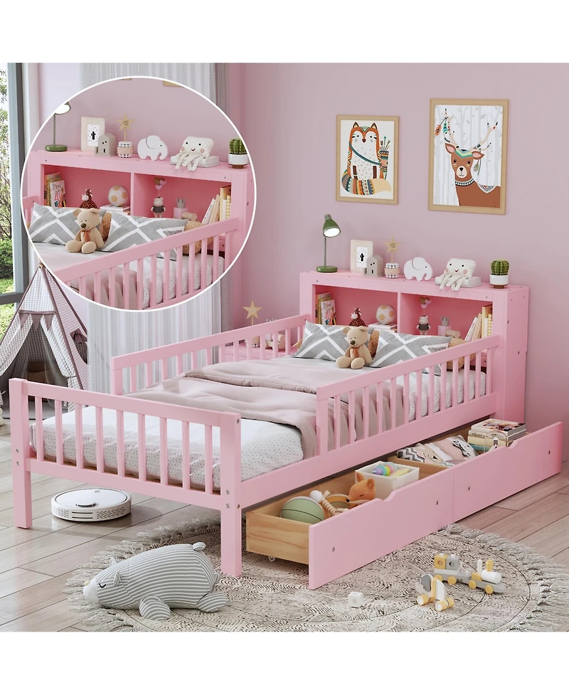 Rainsken Kids Twin Bed Frame, Wooden Platform with Headboard Storage Rack, 2 Under-Bed Drawers and 3-Side Guardrails for Bedroom