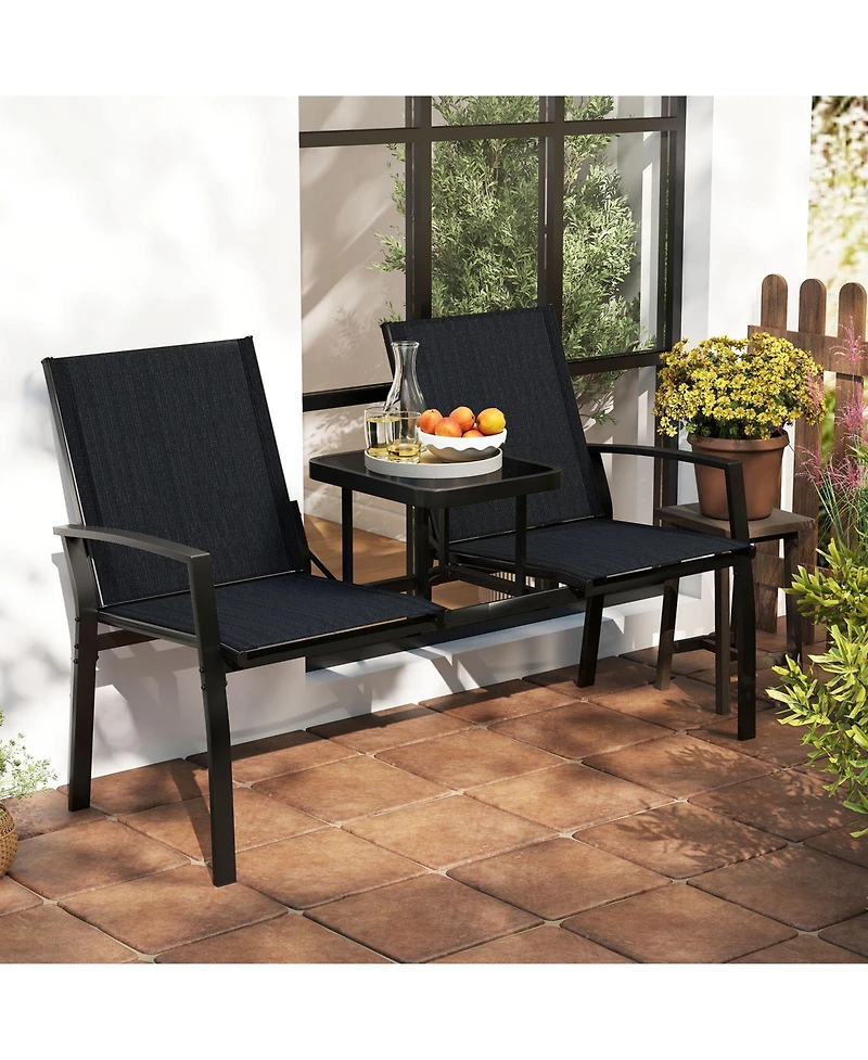 Slickblue Patio Loveseat with Built-in Table with Breathable Fabric Back