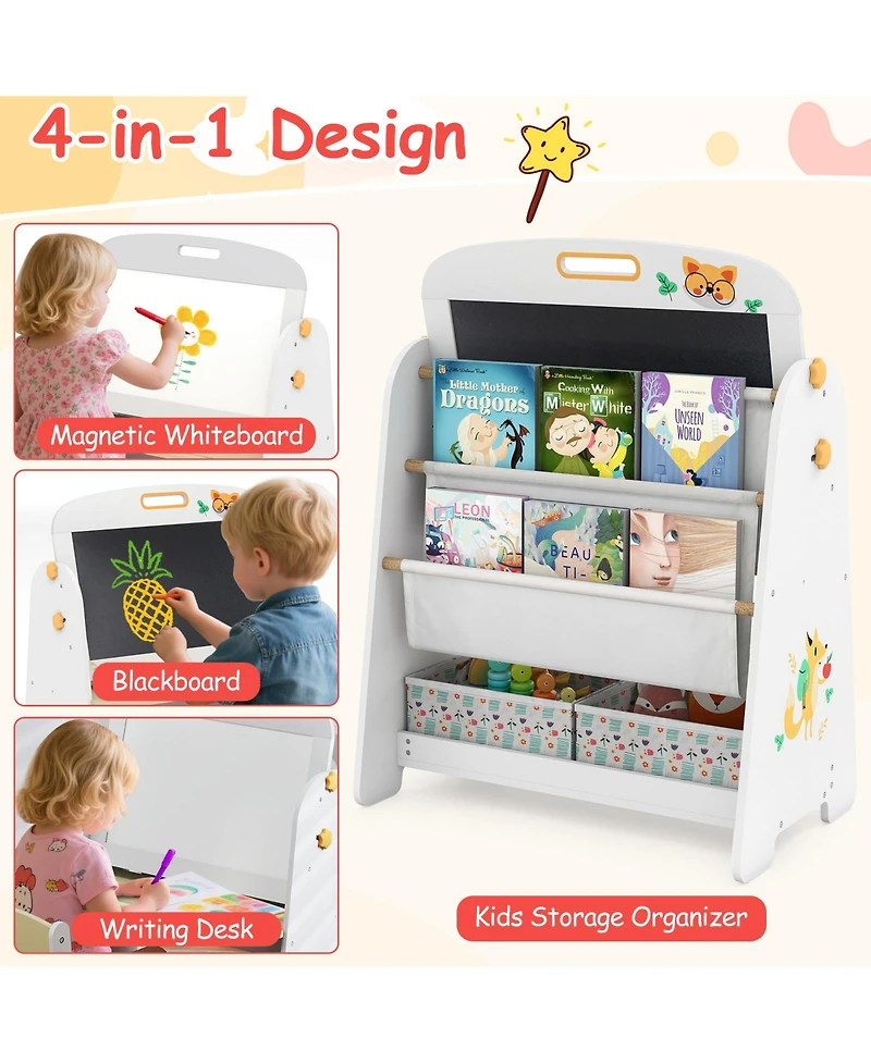 Sugift 4-in-1 Kids Table and Chair Set Art Easel with Magnetic Whiteboard and Bookshelf