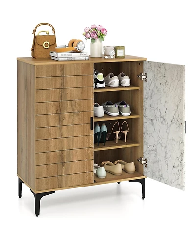 Sugift 4 Tier Farmhouse Shoe Storage Cabinet with Removable Shelves and Metal Legs-Oak