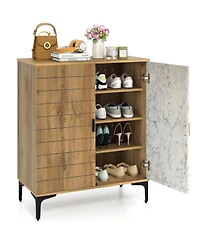 Sugift 4 Tier Farmhouse Shoe Storage Cabinet with Removable Shelves and Metal Legs-Oak