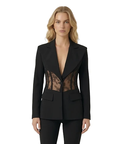 Modenaire Women's Lace Panel Deep V-Neck Tailored Blazer