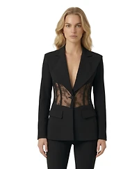 Modenaire Women's Lace Panel Deep V-Neck Tailored Blazer