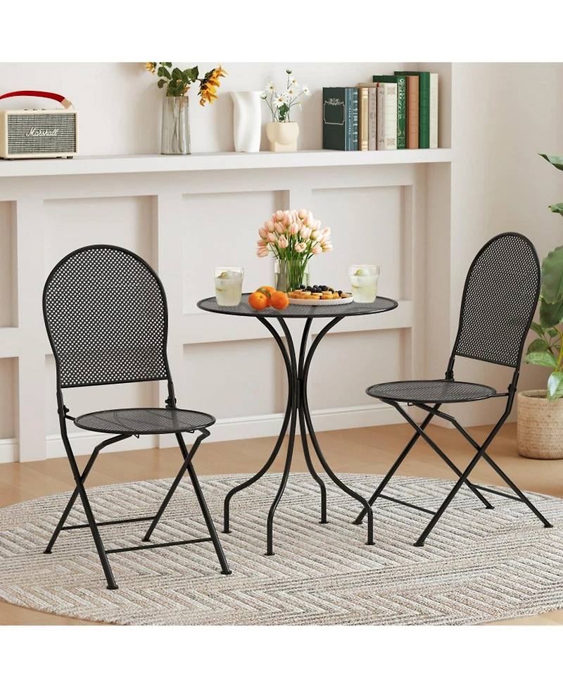 Gouun 3 Piece Metal Bistro Patio Conversation Set with Round Table and 2 Folding Chairs