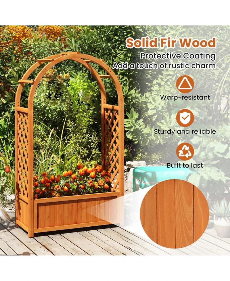 Gouun Raised Planter Box with Lattice Trellis and Arched Roof