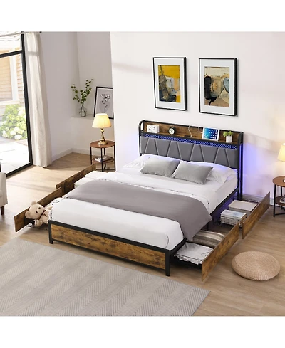 Lucky One Queen Size Bed Frame, Storage Headboard with Charging Station and 4 Storage Drawers