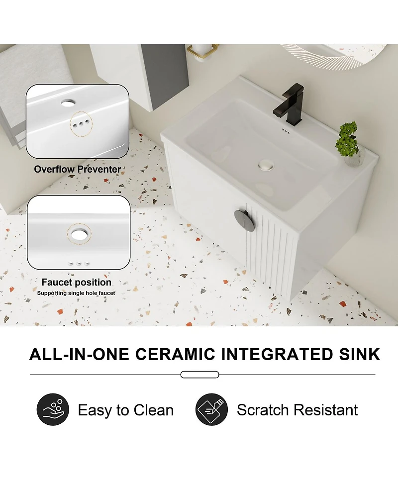 Sillysis Wall Mounted Bathroom Vanity with Ceramic Sink, Floating Cabinet, 2 Soft Close Doors for Small Space