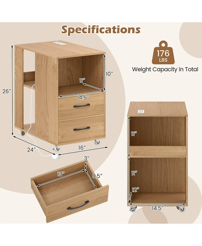 Gymax 2PCS End Table w/Built-in Charging Station Usb Ports Outlets 2 Drawers 3 Shelves