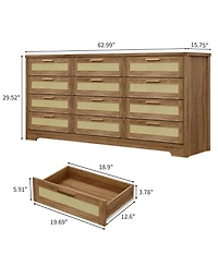 gaomon Bedroom 12-Drawer Dresser, Rattan Wood Chest with Wide Storage Drawers and Tabletop.