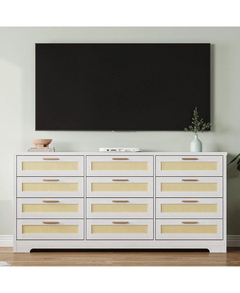 gaomon Bedroom 12-Drawer Dresser, Rattan Wood Chest with Wide Storage Drawers and Tabletop.
