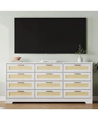 gaomon Bedroom 12-Drawer Dresser, Rattan Wood Chest with Wide Storage Drawers and Tabletop.
