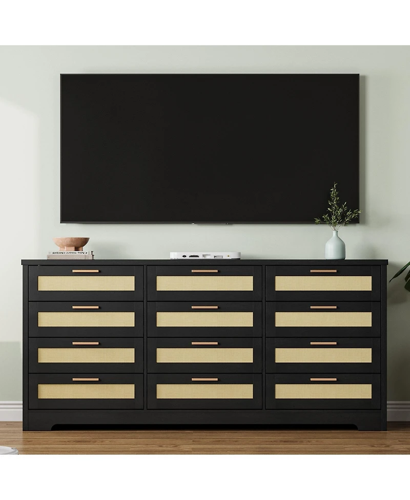 gaomon Bedroom 12-Drawer Dresser, Rattan Wood Chest with Wide Storage Drawers and Tabletop.