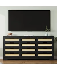 gaomon Bedroom 12-Drawer Dresser, Rattan Wood Chest with Wide Storage Drawers and Tabletop.