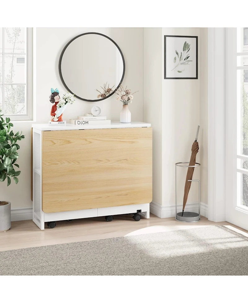 Expandable Farmhouse Dining Table with Storage and 6 Wheels, Space-Saving Drop-Leaf for 4 People