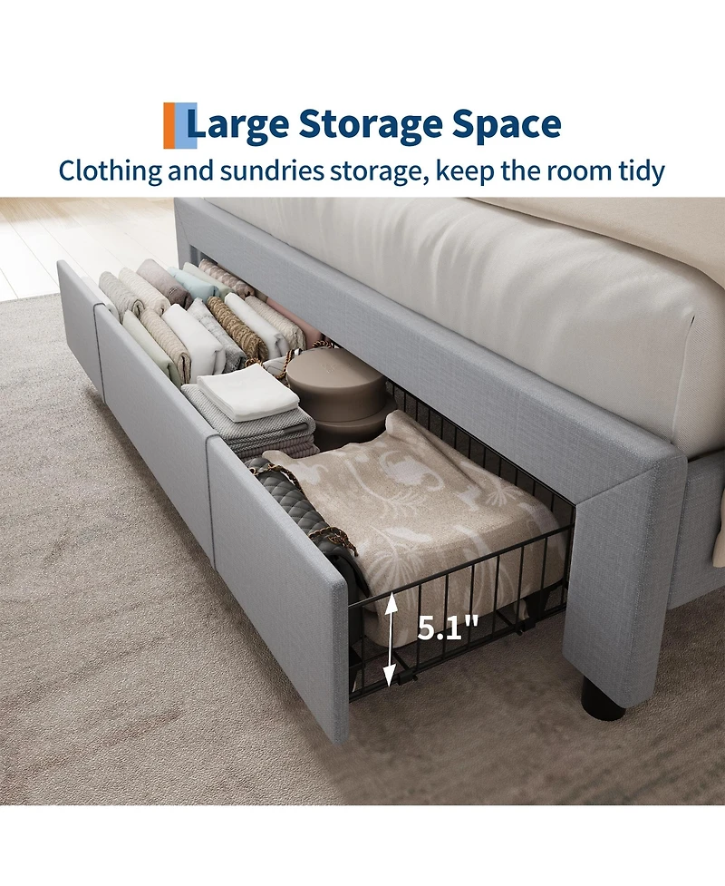 Homfan Upholstered Bed Frame with Storage Headboard, Charging Station and Drawer