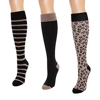 Muk Luks Women's 3 Pack Tall Cotton Wide Compression Knee-High Socks