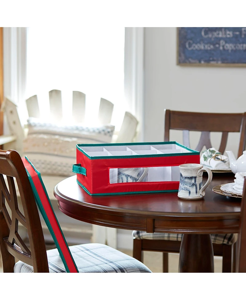 Household Essentials Holiday China Cup Storage Box, Windowed with Side Handles, Trim