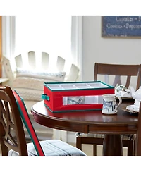 Household Essentials Holiday China Cup Storage Box, Windowed with Side Handles, Trim