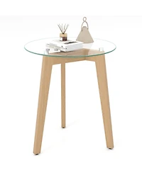 Gymax Modern Tempered Glass End Table w/Transparent Tabletop Rubber Wood Structure