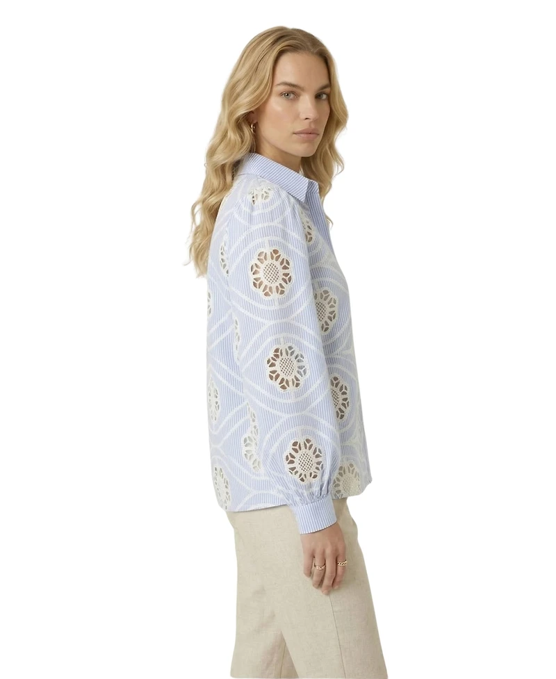 Modenaire Women's Striped Eyelet Collared Button-Down Shirt