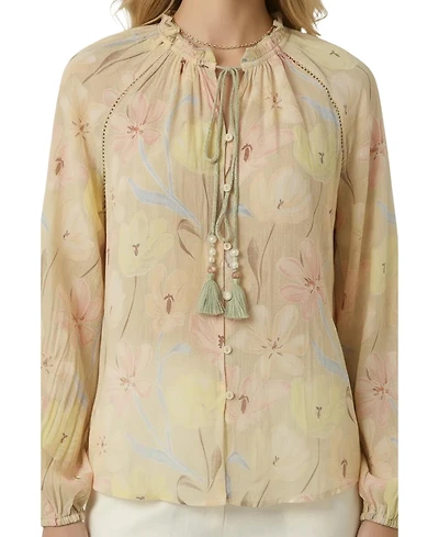 Modenaire Women's Floral Print Tassel-Tie Neck Long-Sleeve Blouse