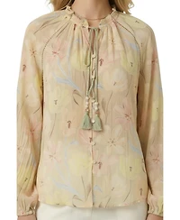 Modenaire Women's Floral Print Tassel-Tie Neck Long-Sleeve Blouse