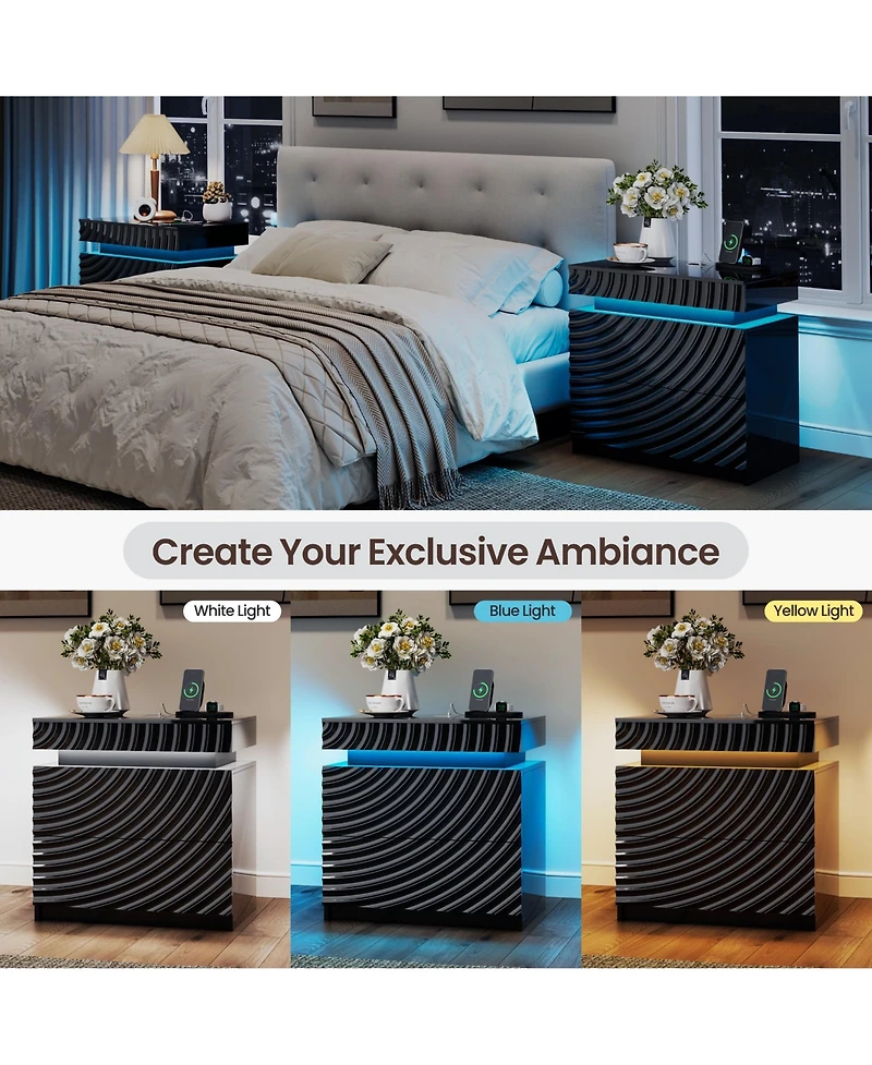 Vlrska 23.6-Inch Wide 2-Drawer Nightstand with Hidden Storage and Human Sensor Light