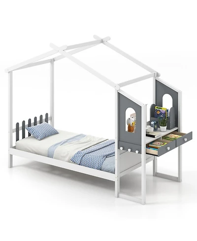 Gouun House Bed Frame with Roof Canopy, Built-In Desk and Storage Drawers