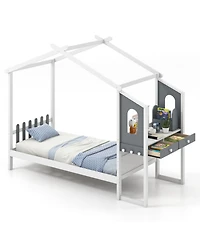Gouun House Bed Frame with Roof Canopy, Built-In Desk and Storage Drawers