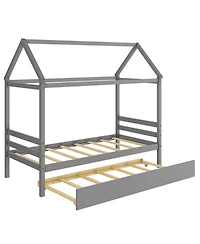 Gouun Bed Frame with Pull-Out Trundle and Roof Design