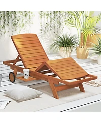 Gouun Outdoor Chaise Lounge Chair with Wheels 4-Position Wood Recliner with Adjustable Backrest