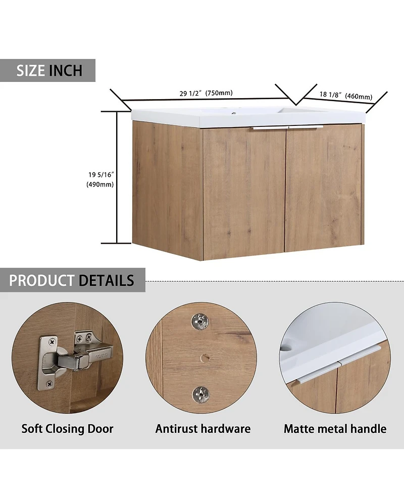 Sillysis Floating Bathroom Vanity with Resin Sink, Modern Plywood Cabinet