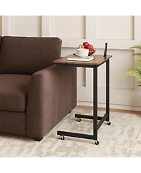 Gymax C-shaped End Table w/Wheels Built-in Phone Slot for Living Room Bedroom