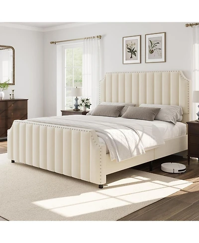 gaomon Velvet Upholstered Platform Bed with Tall Tufted Headboard Nailhead Trim