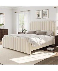 gaomon Velvet Upholstered Platform Bed with Tall Tufted Headboard Nailhead Trim