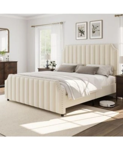 gaomon Velvet Upholstered Platform Bed with Tall Tufted Headboard Nailhead Trim