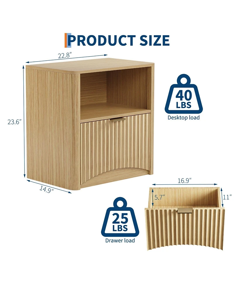 Bedroom Sofa Office Nightstand, Set of 2 Wooden Bedside End Tables, Fluted Panel Storage with Drawer and Shelf, Oak