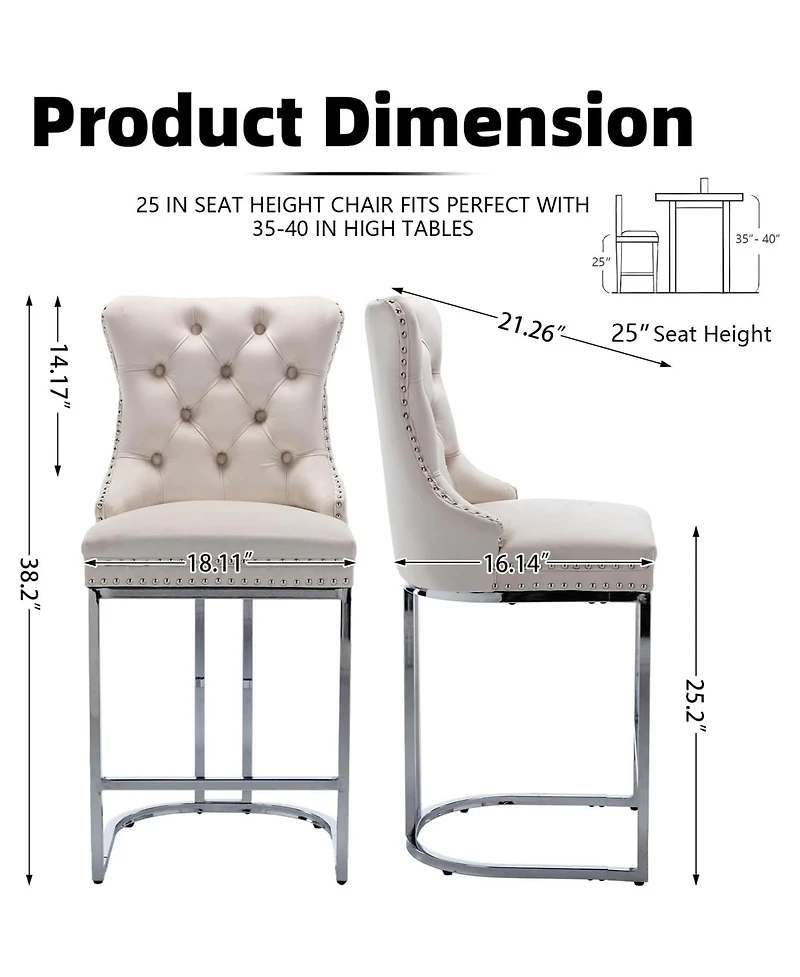 Rainsken Modern Velvet Bar Stools Set of 2, 26" Counter Height Chairs with Button Back, Nailhead Trim and Chromed Metal Legs for Kitchen Island